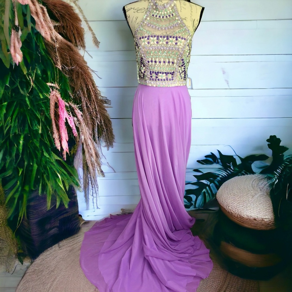 Purple Orchid Beaded Halter Maxi Gown Dave & Johnny Formal Dress 1/2 - Picture 3 of 11